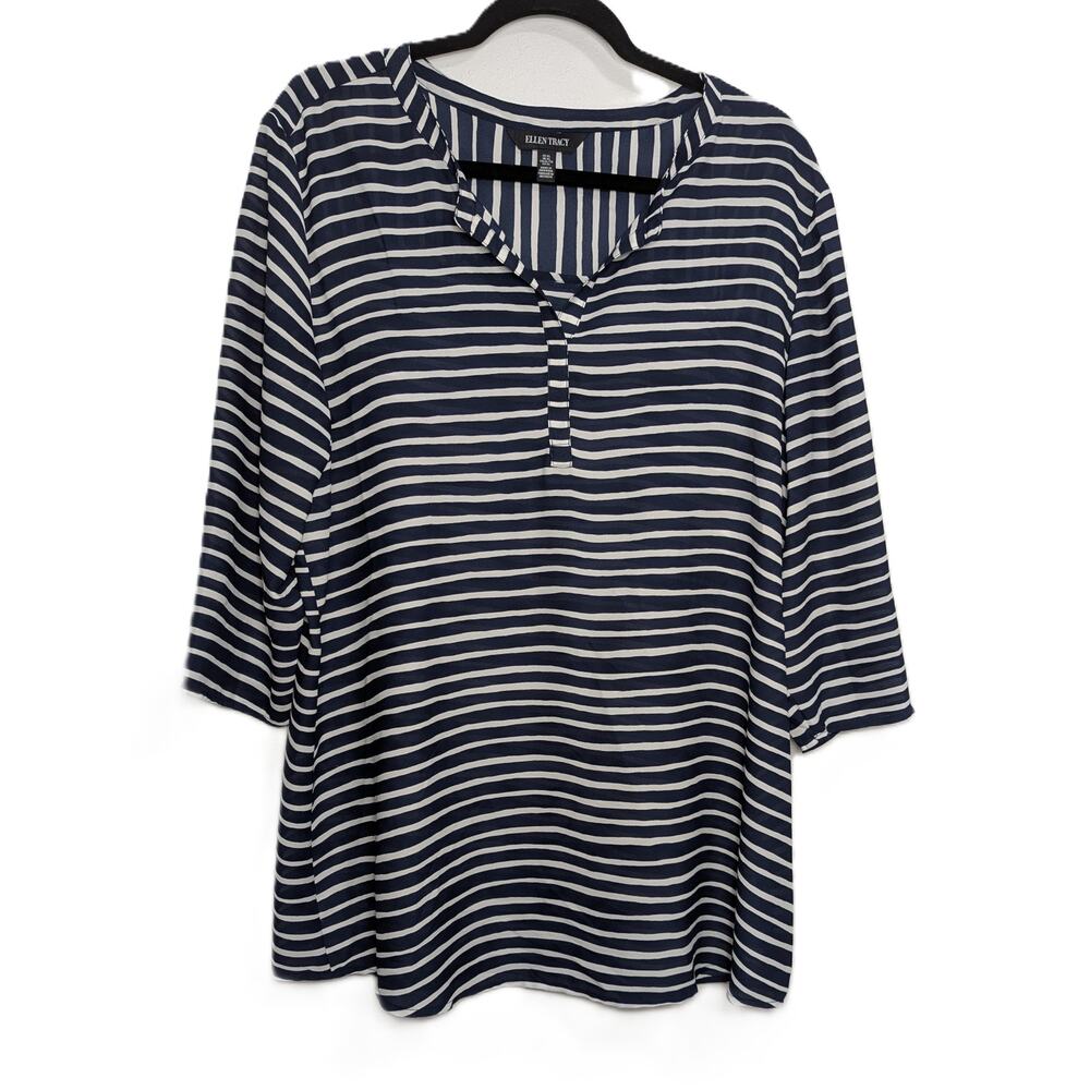 Ellen Tracy Navy Blue and White Striped Notch neck Jersey Top Size XL